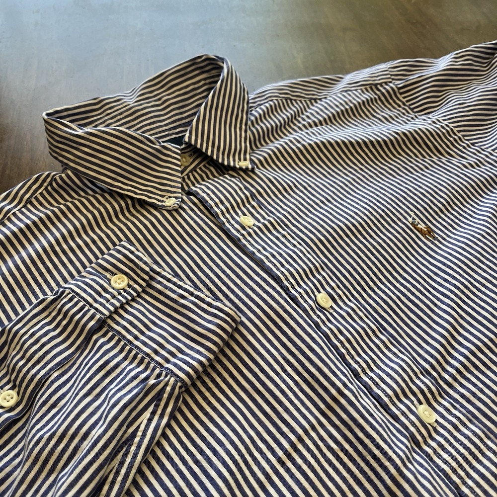 Ralph Lauren Shirt Mens L Blue Stripe Classic Fit Button LS Flesh Pony OCBD